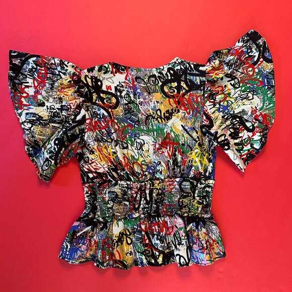 Graffiti Print Punk Top with Ruffled Sleeves, Size M – Bold and Edgy Statement - Picture 5 of 11